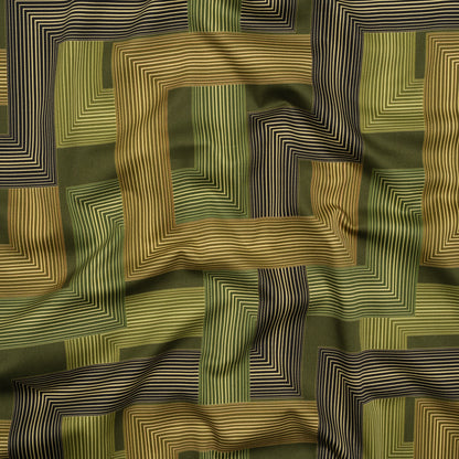Stretch Cotton Sateen - Olive and Hunter Green Geometric Lines - Hedge Maze Print - Mood Exclusive Acadia Collection