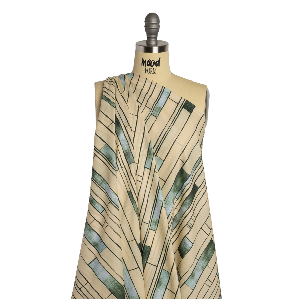 Cotton Voile - Green and Cream Geometric Blocks - Cliffside Climb Print - Mood Exclusive Acadia Collection - Drape