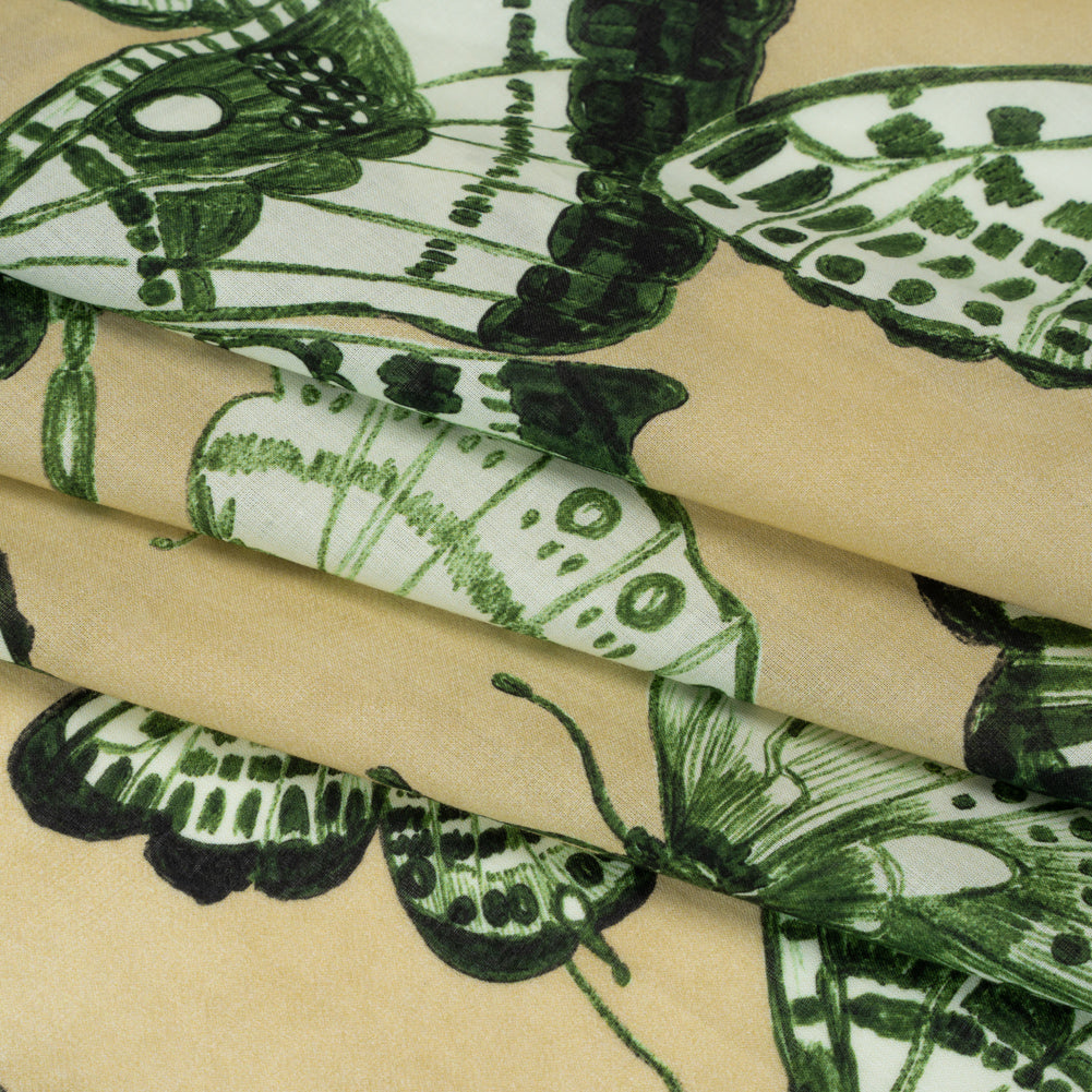 Cotton Voile - Green and Cream Butterflies - Monarch Mountain Print - Mood Exclusive Acadia Collection