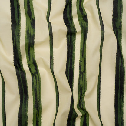 Cotton Voile - Cream and Green Painted Stripes - Verdant Trail Print - Mood Exclusive Acadia Collection