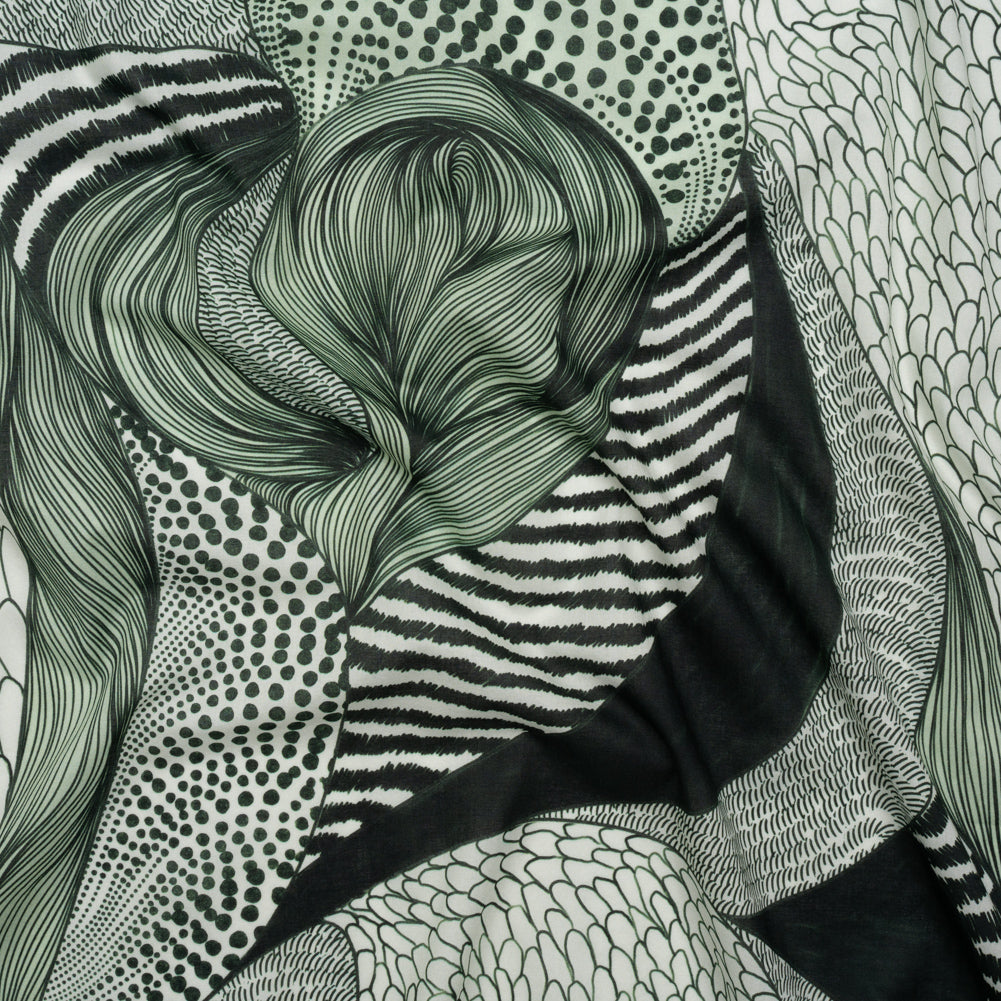 Cotton Voile - Dark Green and White Doodled Patterns - Forest Fantasy Print - Mood Exclusive Acadia Collection