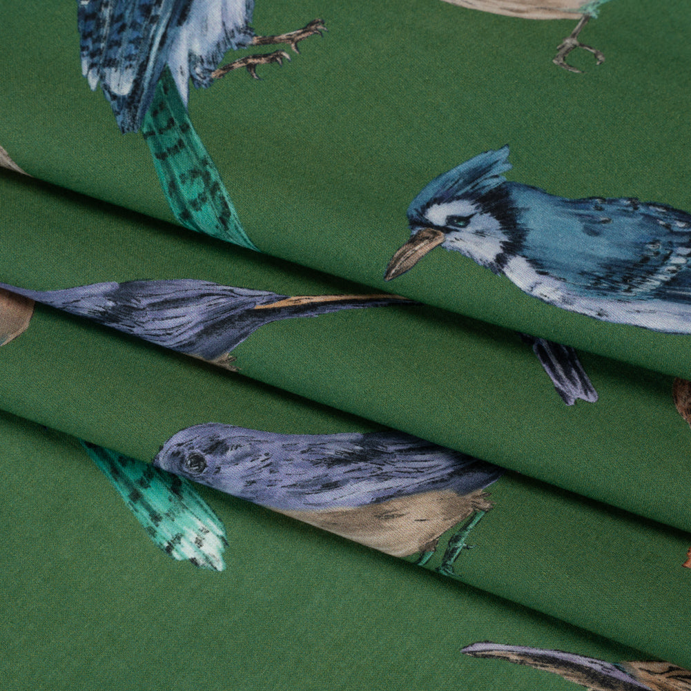 Cotton Voile - Green, Blue and Beige Little Birds - Birdsong Saunter Print - Mood Exclusive Acadia Collection - Folded