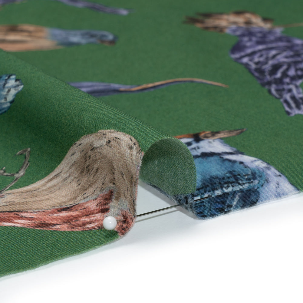 Cotton Voile - Green, Blue and Beige Little Birds - Birdsong Saunter Print - Mood Exclusive Acadia Collection - Detail