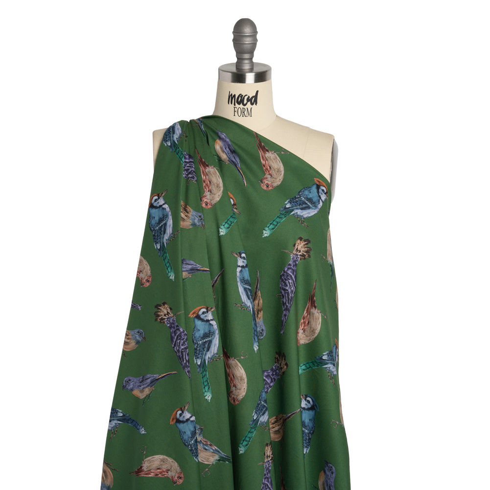 Cotton Voile - Green, Blue and Beige Little Birds - Birdsong Saunter Print - Mood Exclusive Acadia Collection - Drape