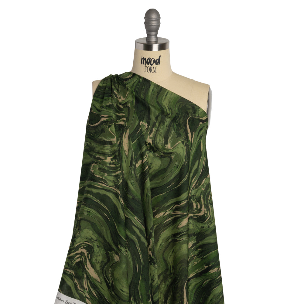 Cotton Voile - Green and Beige Abstract Swirls - Painter’s Pond Print - Mood Exclusive Acadia Collection