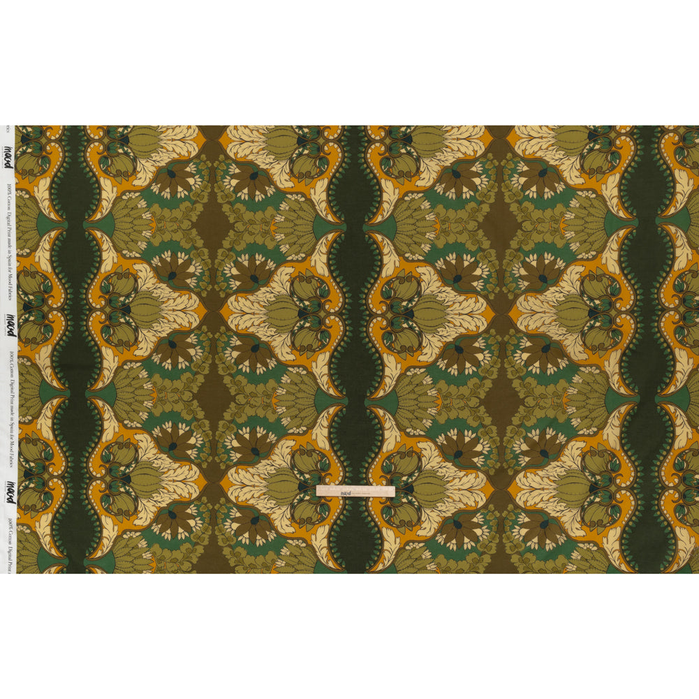 Cotton Voile - Olive Green, Teal and Mango Orange Wavy Floral Stripes - Nymph’s Harvest Print - Mood Exclusive Acadia Collection
