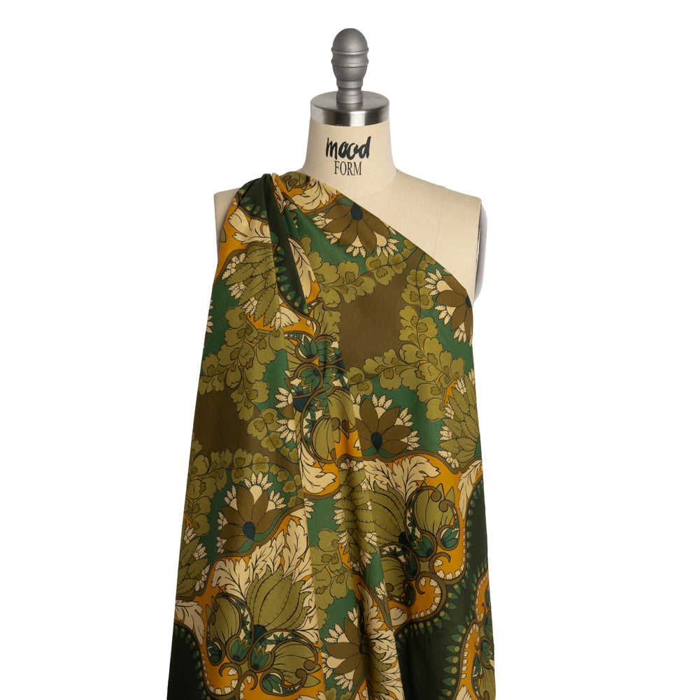 Cotton Voile - Olive Green, Teal and Mango Orange Wavy Floral Stripes - Nymph’s Harvest Print - Mood Exclusive Acadia Collection