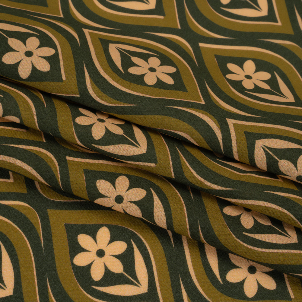 Cotton Voile - Olive, Hunter Green, and Beige Floral Ogees - Woodland Blooms Print - Mood Exclusive Acadia Collection