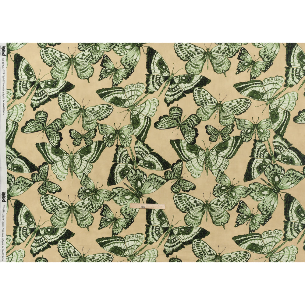 Linen and Rayon Woven - Green and Cream Butterflies - Monarch Mountain Print - Mood Exclusive Acadia Collection