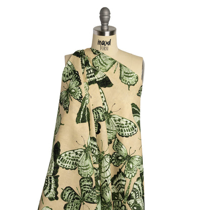 Linen and Rayon Woven - Green and Cream Butterflies - Monarch Mountain Print - Mood Exclusive Acadia Collection