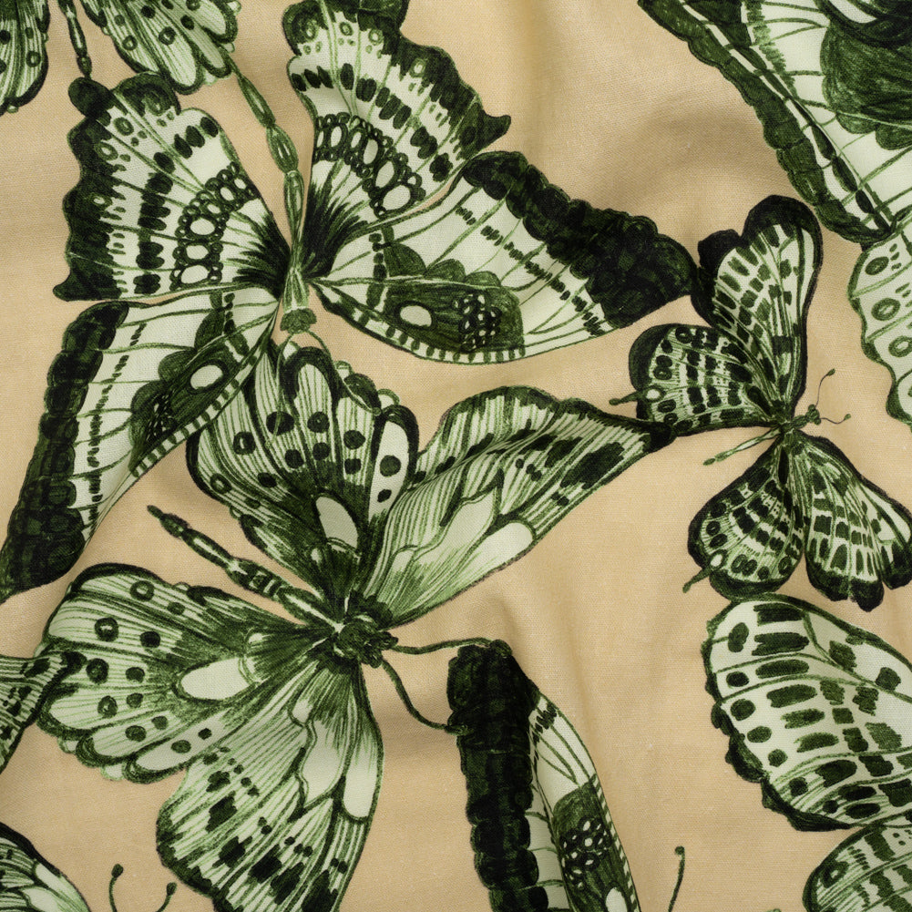 Linen and Rayon Woven - Green and Cream Butterflies - Monarch Mountain Print - Mood Exclusive Acadia Collection