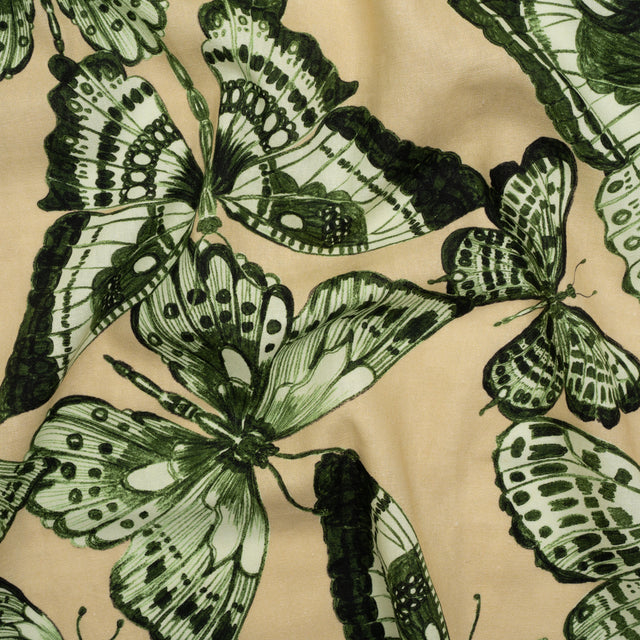 Linen and Rayon Woven - Green and Cream Butterflies - Monarch Mountain Print - Mood Exclusive Acadia Collection