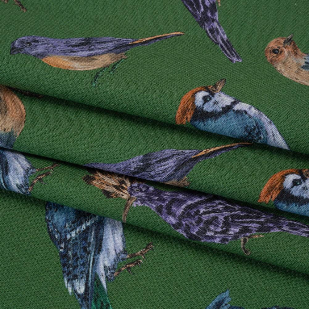 Linen and Rayon Woven - Green, Blue and Beige Little Birds - Birdsong Saunter Print - Mood Exclusive Acadia Collection