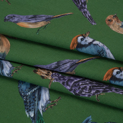 Linen and Rayon Woven - Green, Blue and Beige Little Birds - Birdsong Saunter Print - Mood Exclusive Acadia Collection