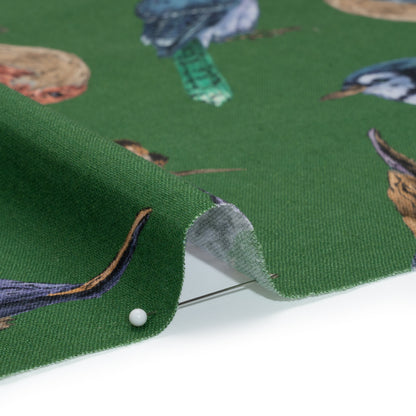 Linen and Rayon Woven - Green, Blue and Beige Little Birds - Birdsong Saunter Print - Mood Exclusive Acadia Collection