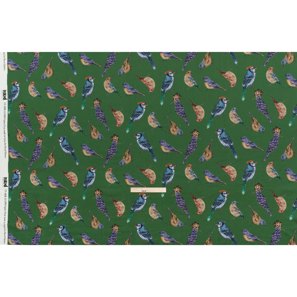 Linen and Rayon Woven - Green, Blue and Beige Little Birds - Birdsong Saunter Print - Mood Exclusive Acadia Collection
