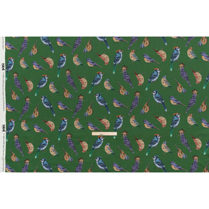 Linen and Rayon Woven - Green, Blue and Beige Little Birds - Birdsong Saunter Print - Mood Exclusive Acadia Collection