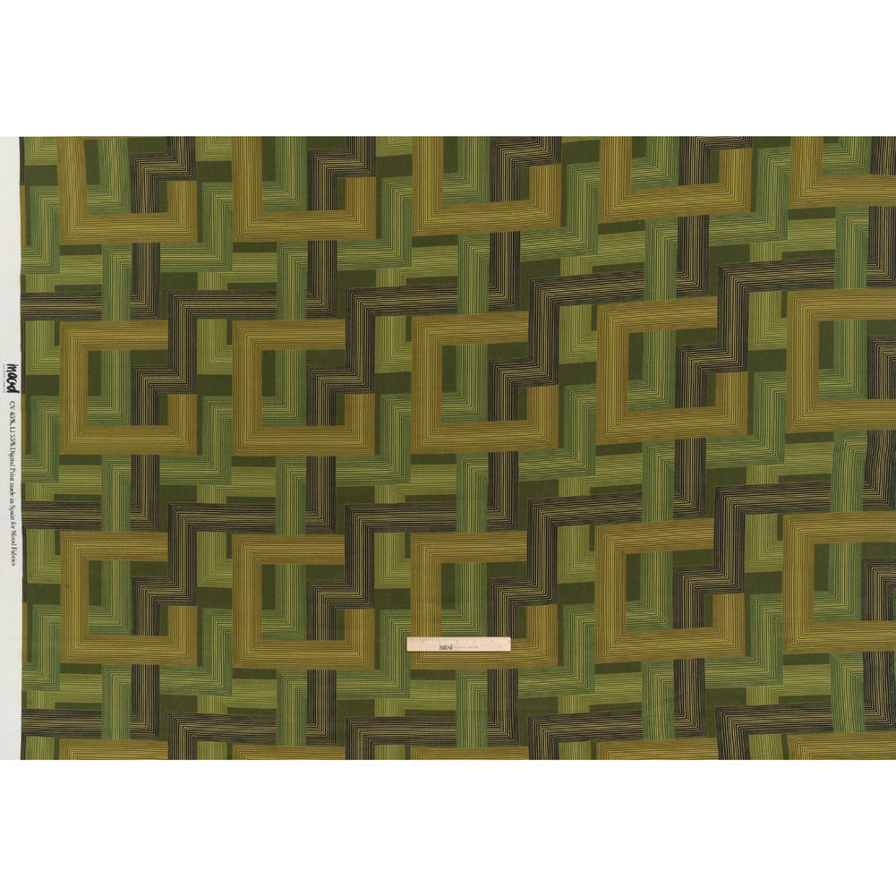 Linen and Rayon Woven - Olive and Hunter Green Geometric Lines - Hedge Maze Print - Mood Exclusive Acadia Collection