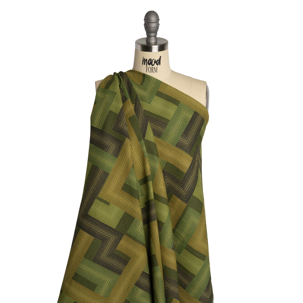 Linen and Rayon Woven - Olive and Hunter Green Geometric Lines - Hedge Maze Print - Mood Exclusive Acadia Collection