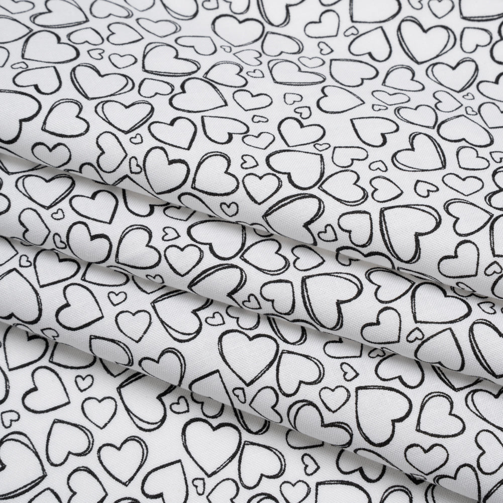 Printed Quilting Cotton by Patrick Lose for Northcott - Black on White Doodle Hearts - Basically Black & White Collection - Folded