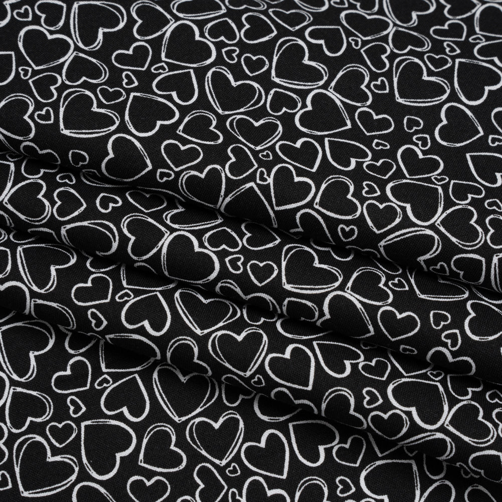 Printed Quilting Cotton by Patrick Lose for Northcott - White on Black Doodle Hearts - Basically Black & White Collection - Folded