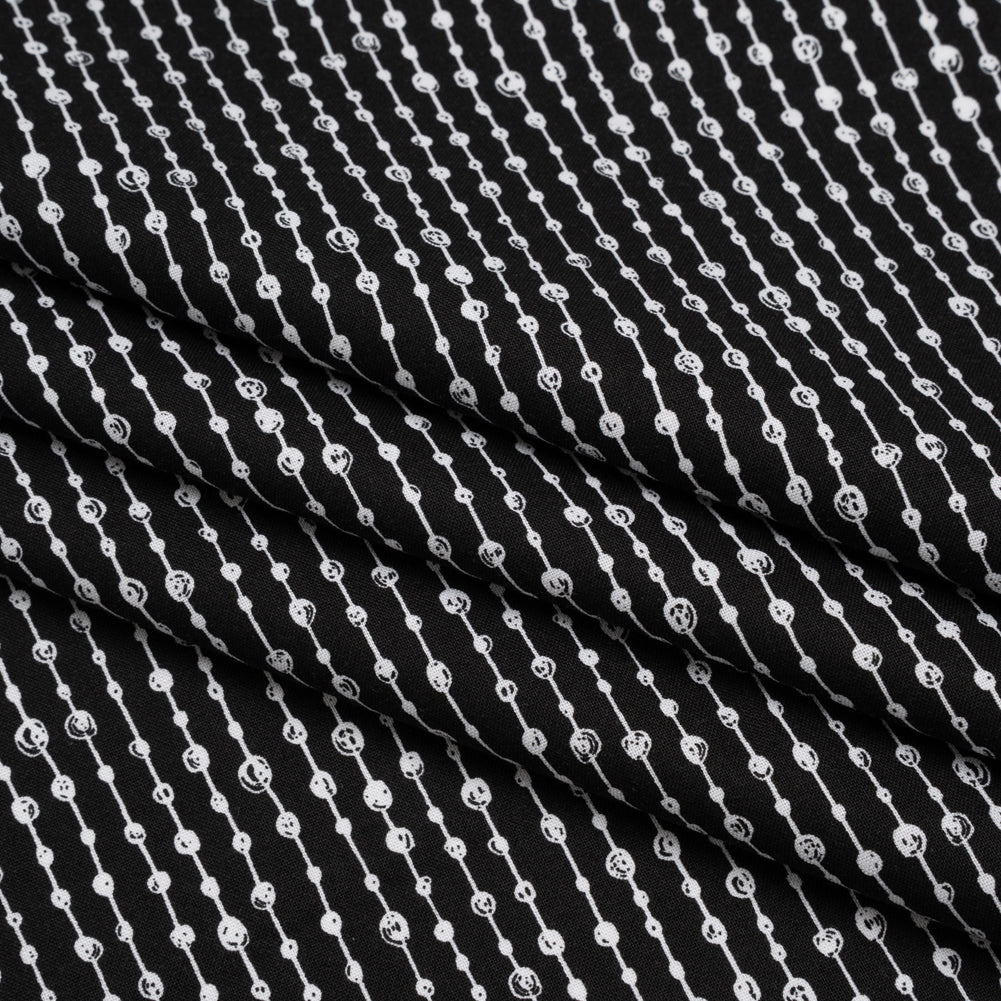 Printed Quilting Cotton by Patrick Lose for Northcott - White on Black Doodle Beaded Stripe - Basically Black & White Collection - Folded