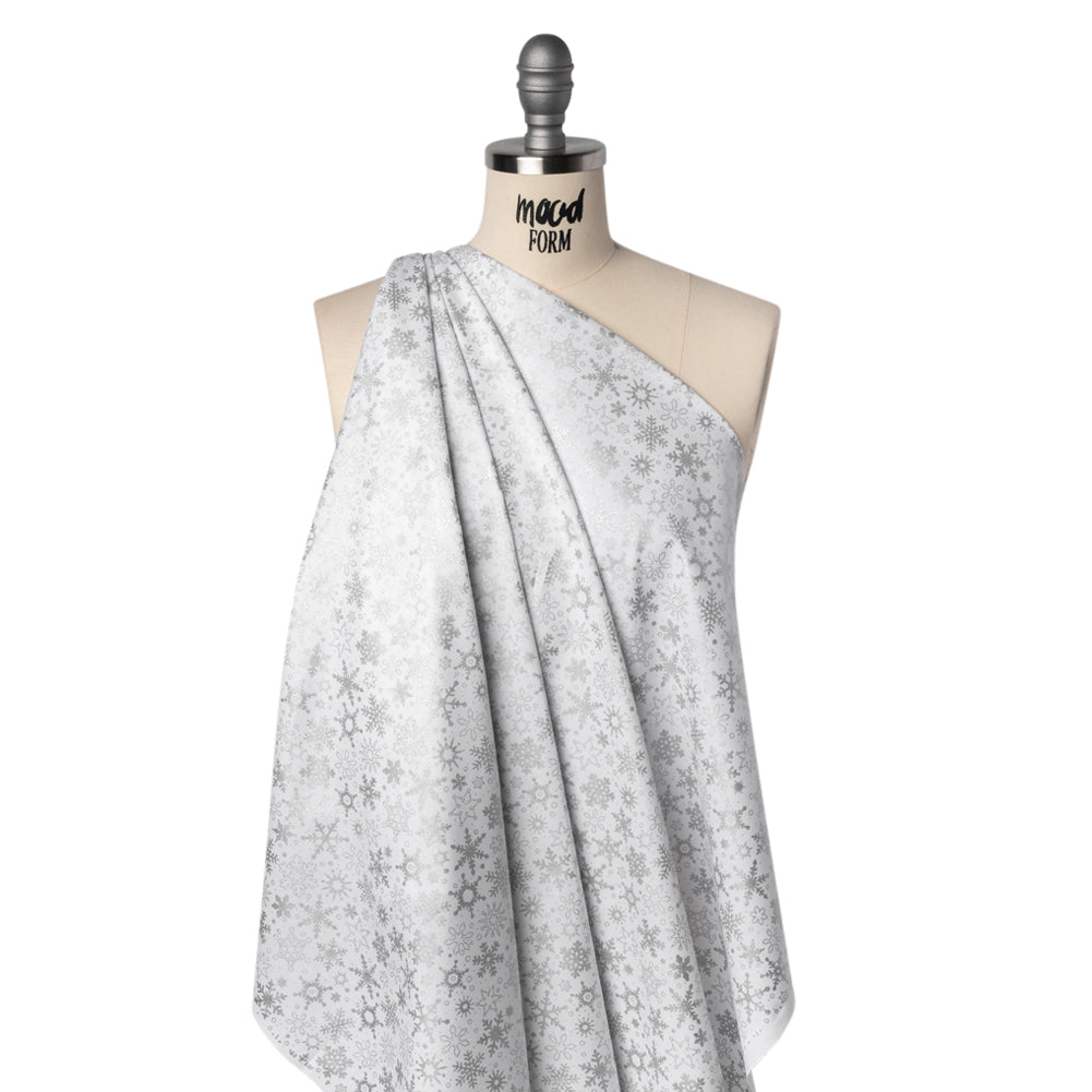 Printed Quilting Cotton by Patrick Lose for Northcott - Metallic Silver on White Snowfall Snowflakes - Basically Black & White Collection - Drape