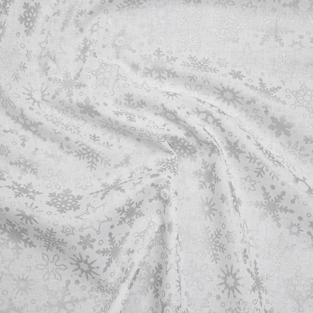 Printed Quilting Cotton by Patrick Lose for Northcott - Metallic Silver on White Snowfall Snowflakes - Basically Black & White Collection