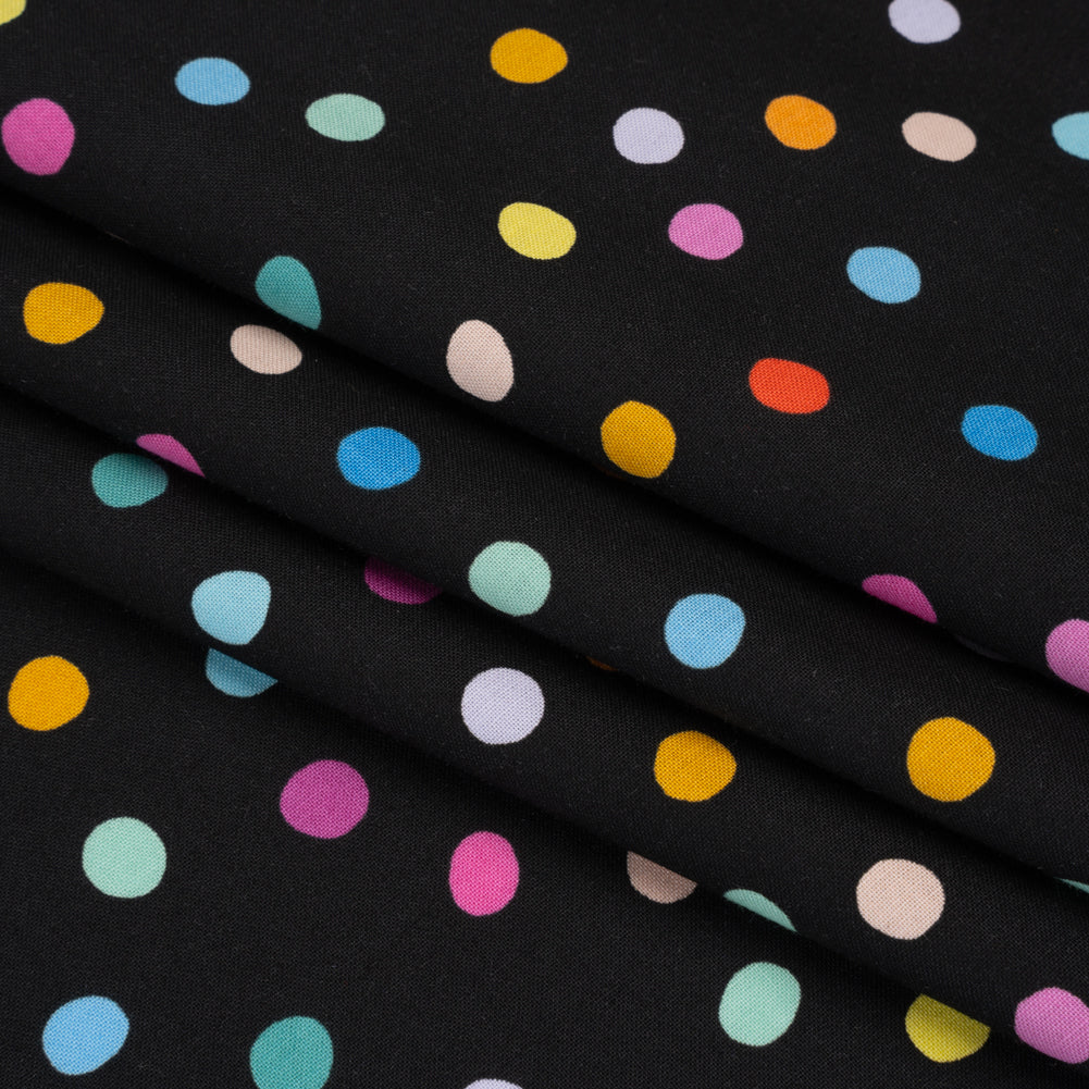 Printed Quilting Cotton by Ghazal Razavi for FIGO Studio - Black and Rainbow Pom Poms - Dusk Collection