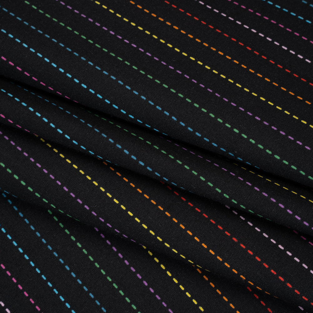 Printed Quilting Cotton by Ghazal Razavi for FIGO Studio - Black and Rainbow Dashed Stripes - Dusk Collection