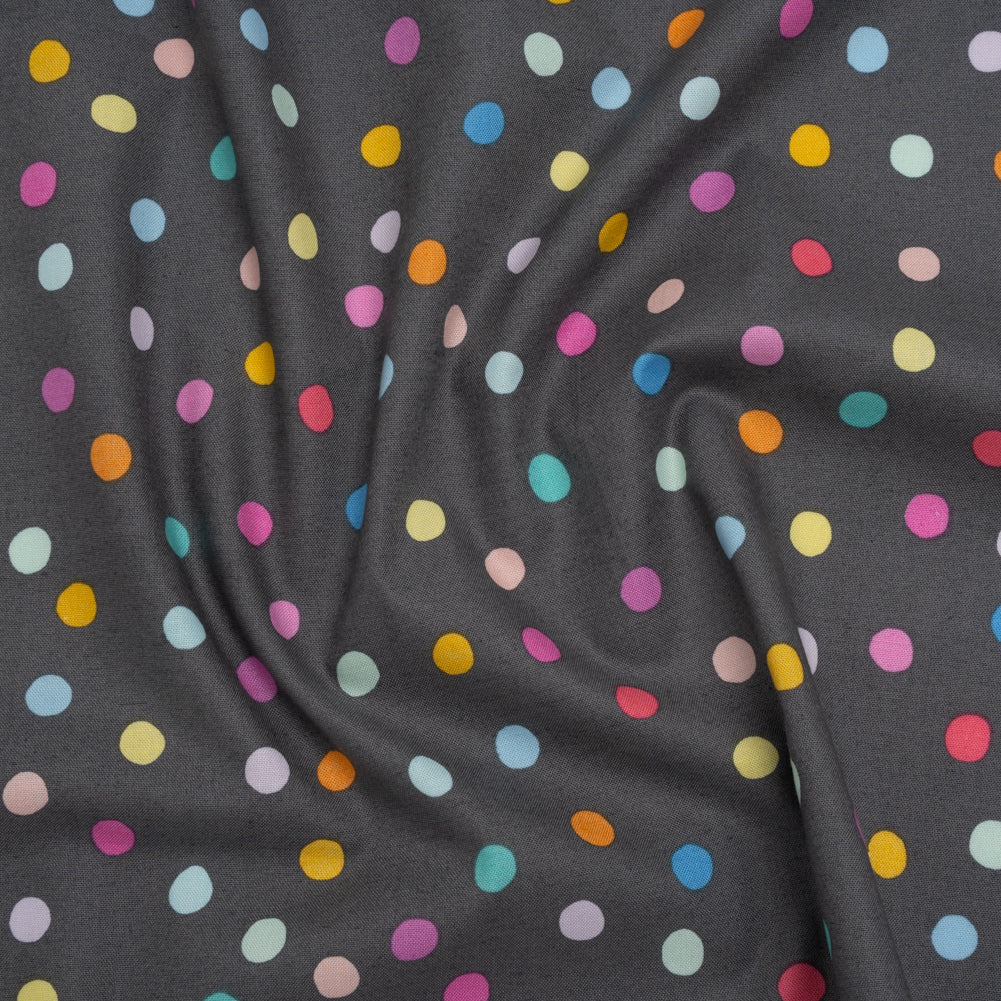 Printed Quilting Cotton by Ghazal Razavi for FIGO Studio - Gray and Rainbow Pom Poms - Dewfall Collection