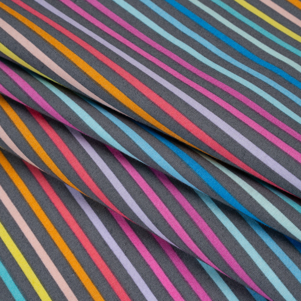 Printed Quilting Cotton by Ghazal Razavi for FIGO Studio - Gray and Rainbow Stripes - Dewfall Collection
