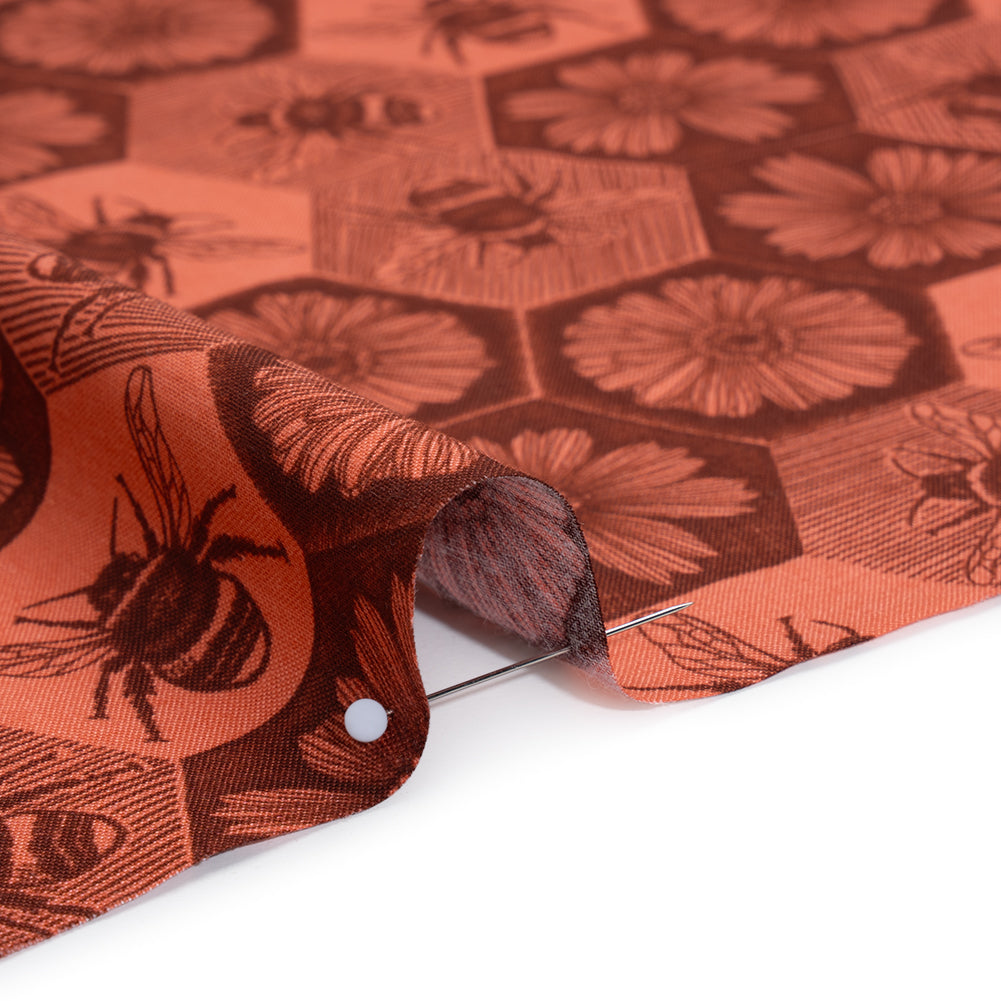 Printed Quilting Cotton by Anna Maria Textiles for Northcott - Coral Busy Bees and Floral Honeycomb - Indelible Ink Collection