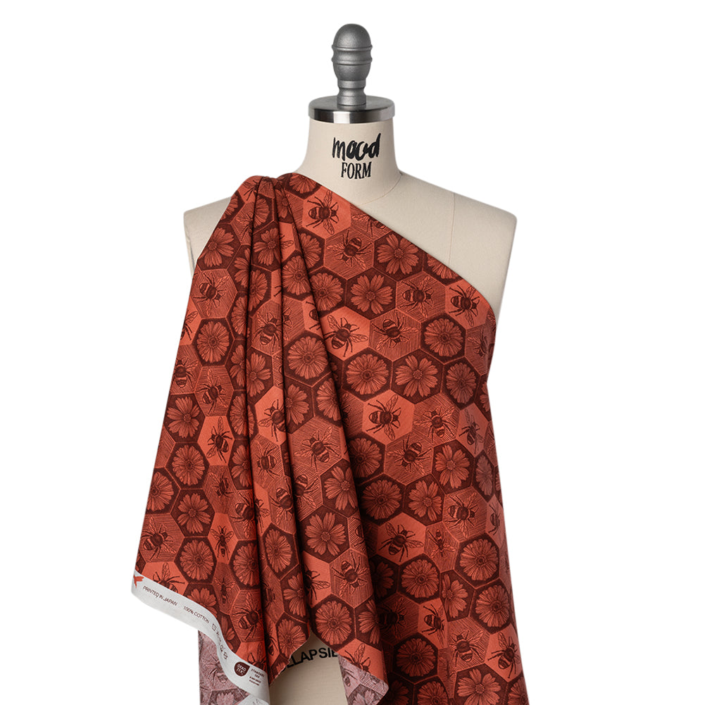 Printed Quilting Cotton by Anna Maria Textiles for Northcott - Coral Busy Bees and Floral Honeycomb - Indelible Ink Collection