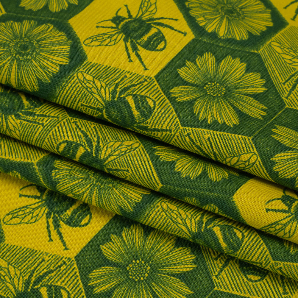 Printed Quilting Cotton by Anna Maria Textiles for Northcott - Citrus Busy Bees and Floral Honeycomb - Indelible Ink Collection