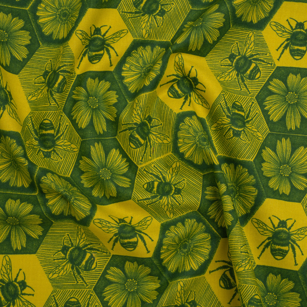 Printed Quilting Cotton by Anna Maria Textiles for Northcott - Citrus Busy Bees and Floral Honeycomb - Indelible Ink Collection