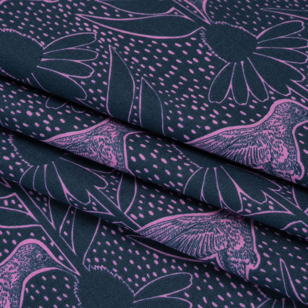 Printed Quilting Cotton by Anna Maria Textiles for Northcott - Navy Hummingbirds and Coneflowers - Indelible Ink Collection