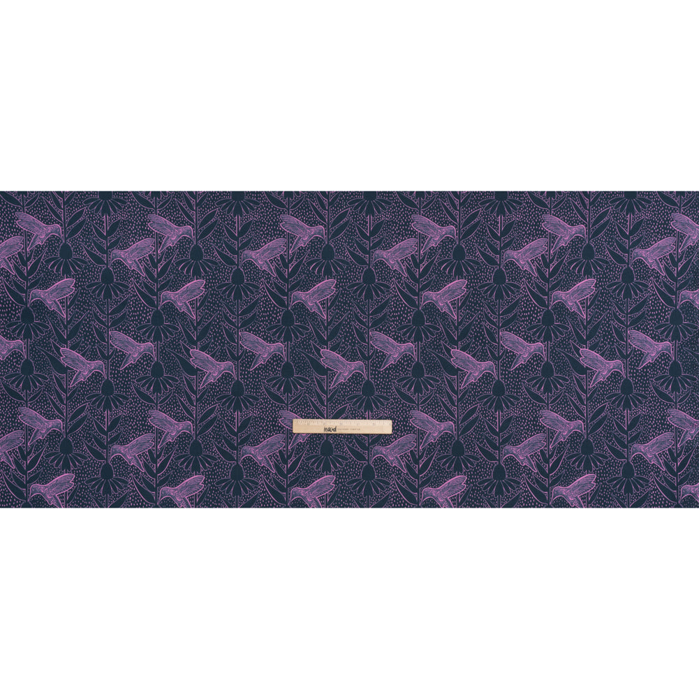 Printed Quilting Cotton by Anna Maria Textiles for Northcott - Navy Hummingbirds and Coneflowers - Indelible Ink Collection