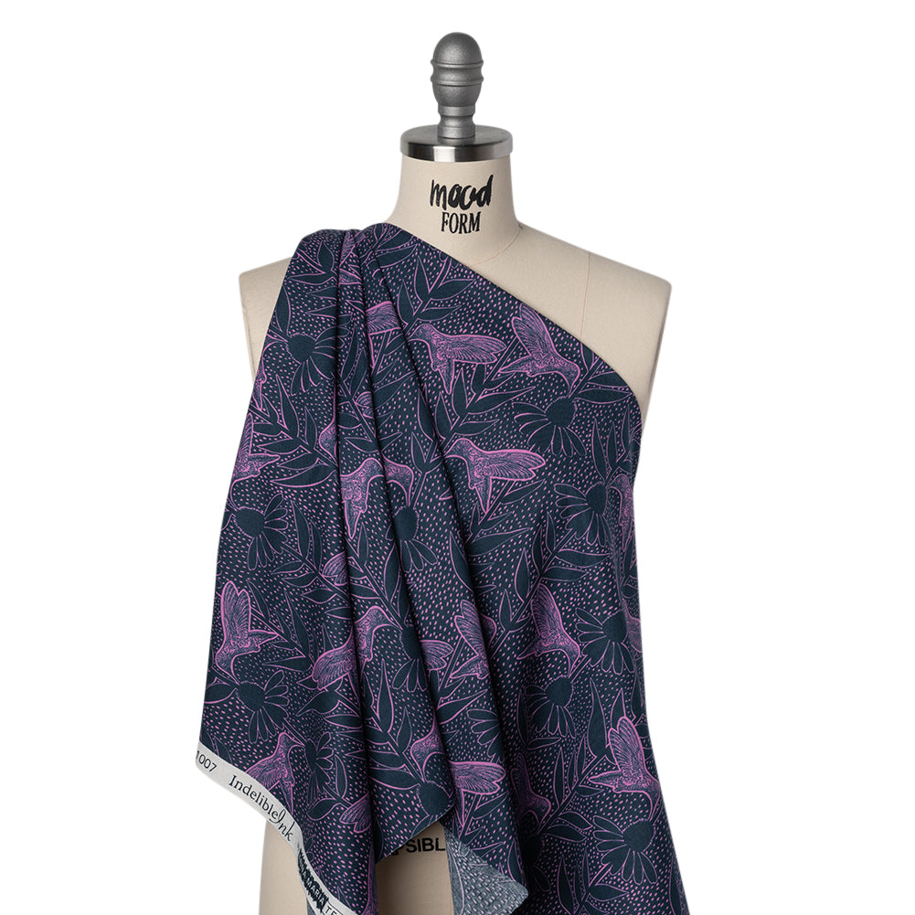 Printed Quilting Cotton by Anna Maria Textiles for Northcott - Navy Hummingbirds and Coneflowers - Indelible Ink Collection