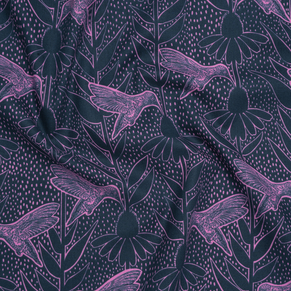 Printed Quilting Cotton by Anna Maria Textiles for Northcott - Navy Hummingbirds and Coneflowers - Indelible Ink Collection