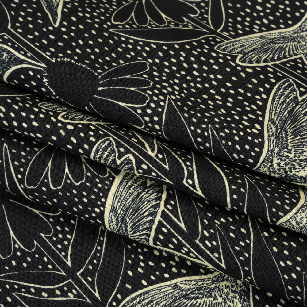 Printed Quilting Cotton by Anna Maria Textiles for Northcott - Black Hummingbirds and Coneflowers - Indelible Ink Collection