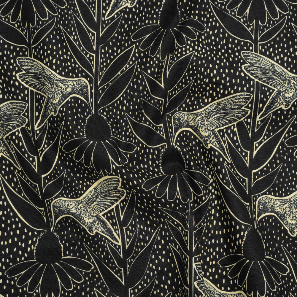 Printed Quilting Cotton by Anna Maria Textiles for Northcott - Black Hummingbirds and Coneflowers - Indelible Ink Collection