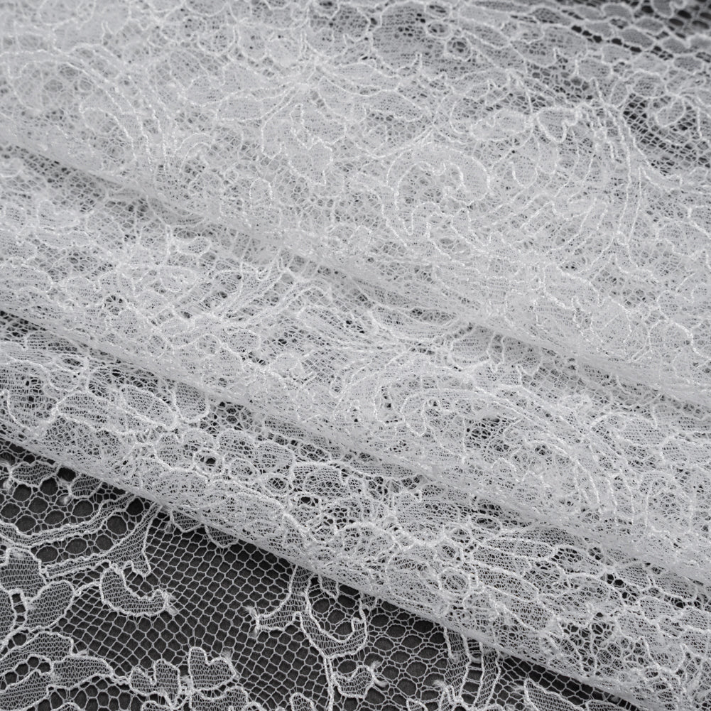 French Chantilly Lace with Scalloped Edges by Solstiss - White Delicate Floral