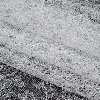 French Chantilly Lace with Scalloped Edges by Solstiss - White Delicate Floral