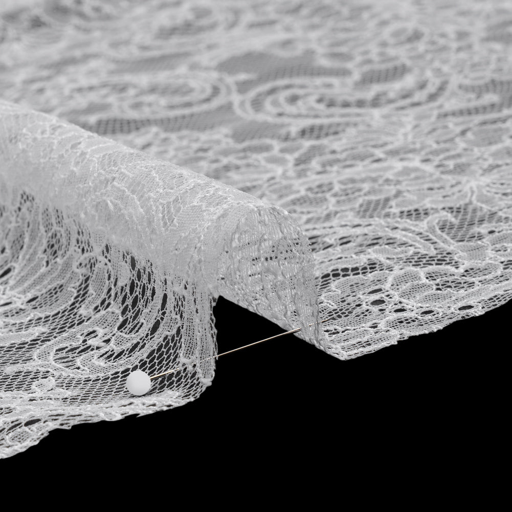 French Chantilly Lace with Scalloped Edges by Solstiss - White Delicate Floral