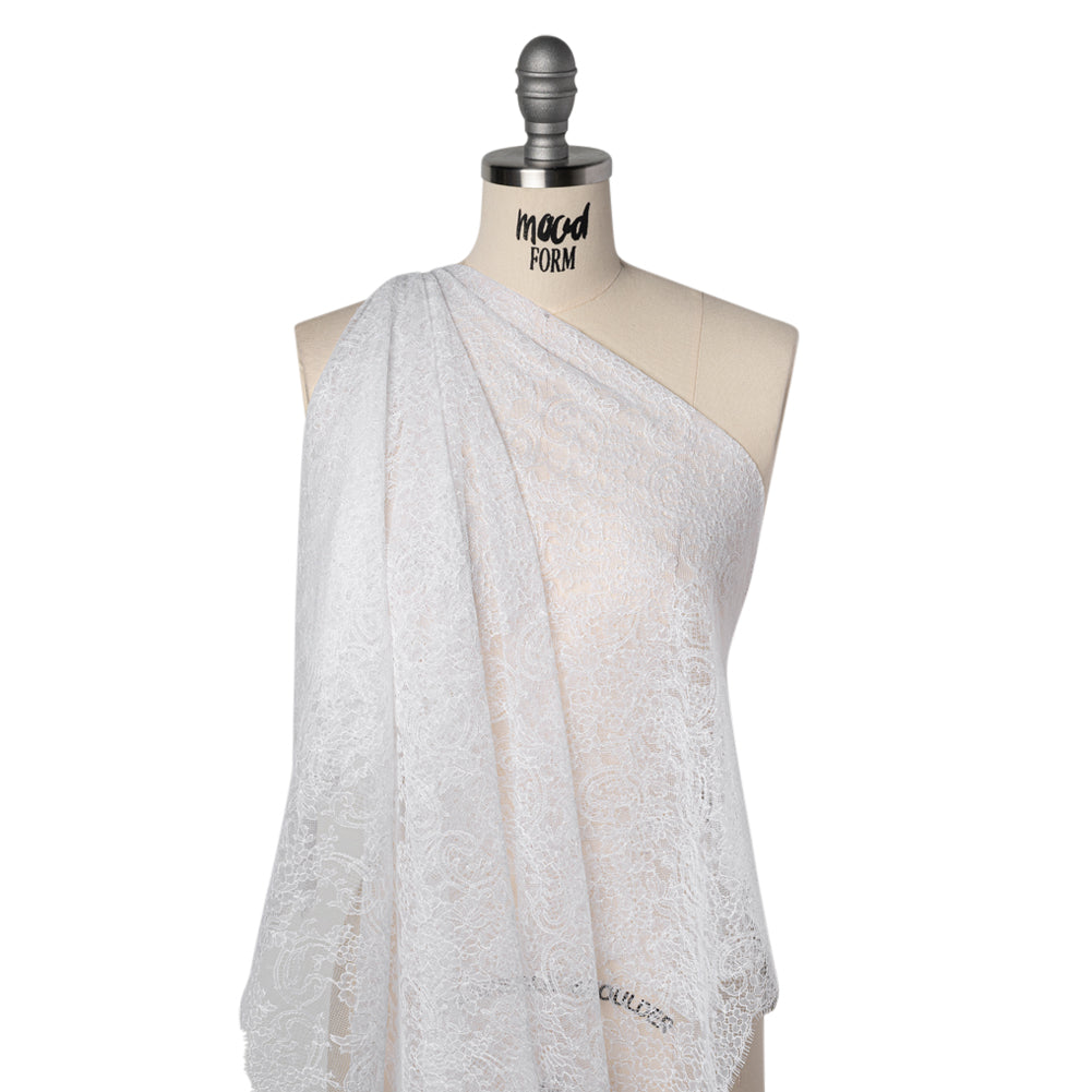 French Chantilly Lace with Scalloped Edges by Solstiss - White Delicate Floral