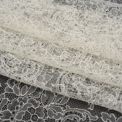 French Chantilly Lace with Scalloped Edges by Solstiss - Ivory Delicate Floral