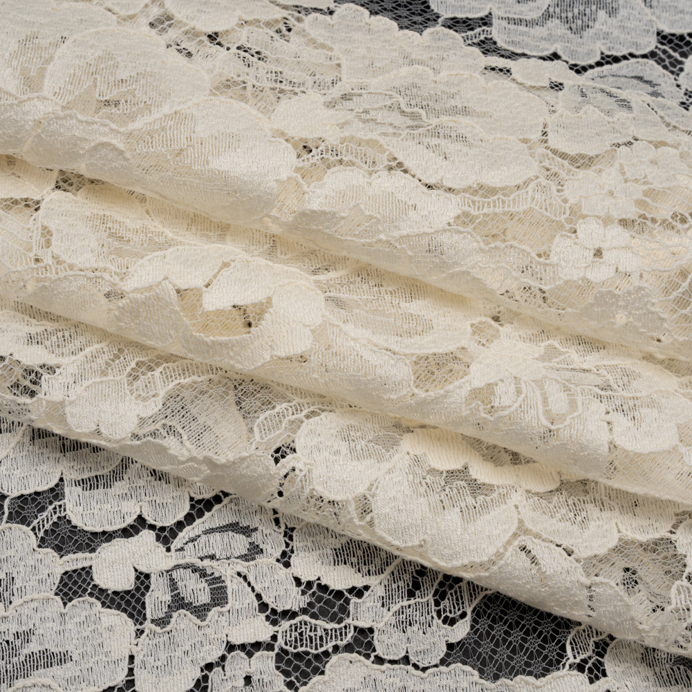 French Mercerized Cotton Leavers Lace with Finished Scalloped Edges by Solstiss - Greige Bold Florals