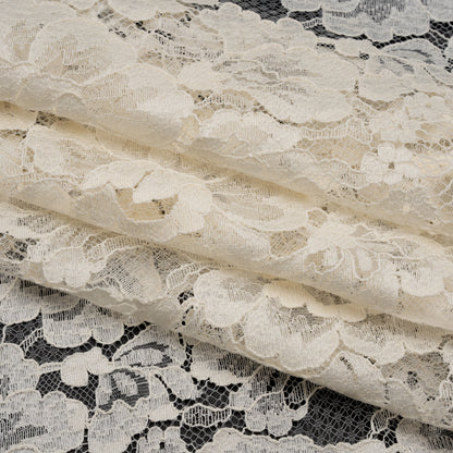 French Mercerized Cotton Leavers Lace with Finished Scalloped Edges by Solstiss - Greige Bold Florals