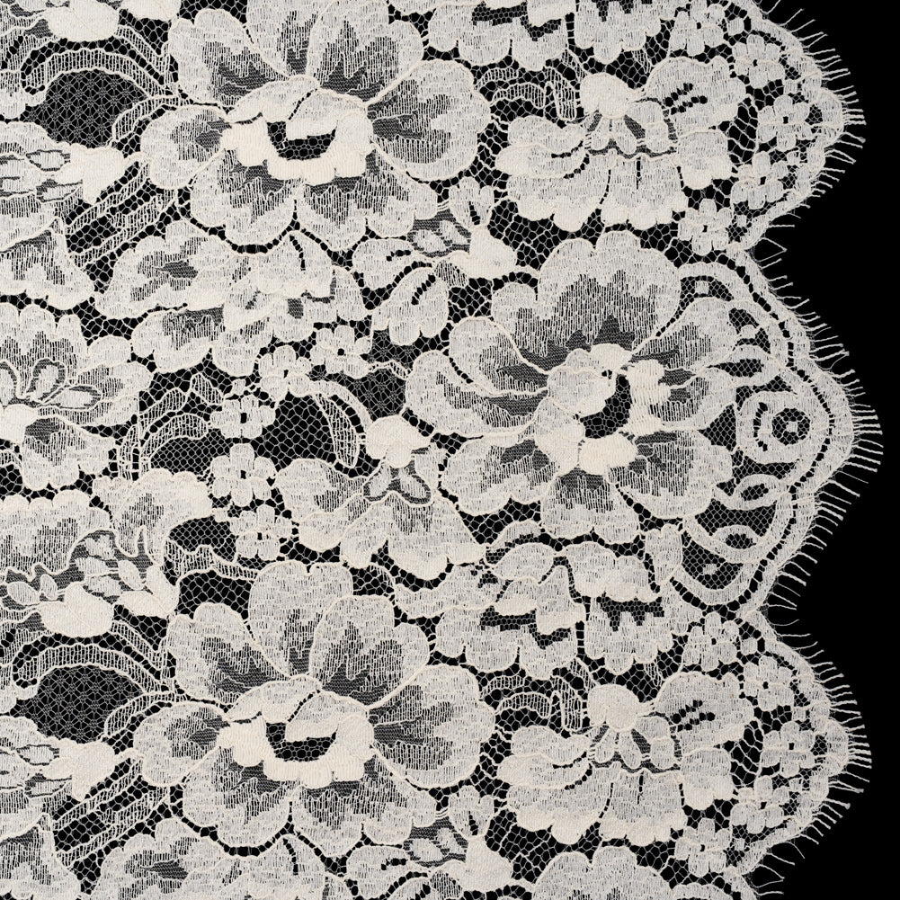 French Mercerized Cotton Leavers Lace with Finished Scalloped Edges by Solstiss - Greige Bold Florals